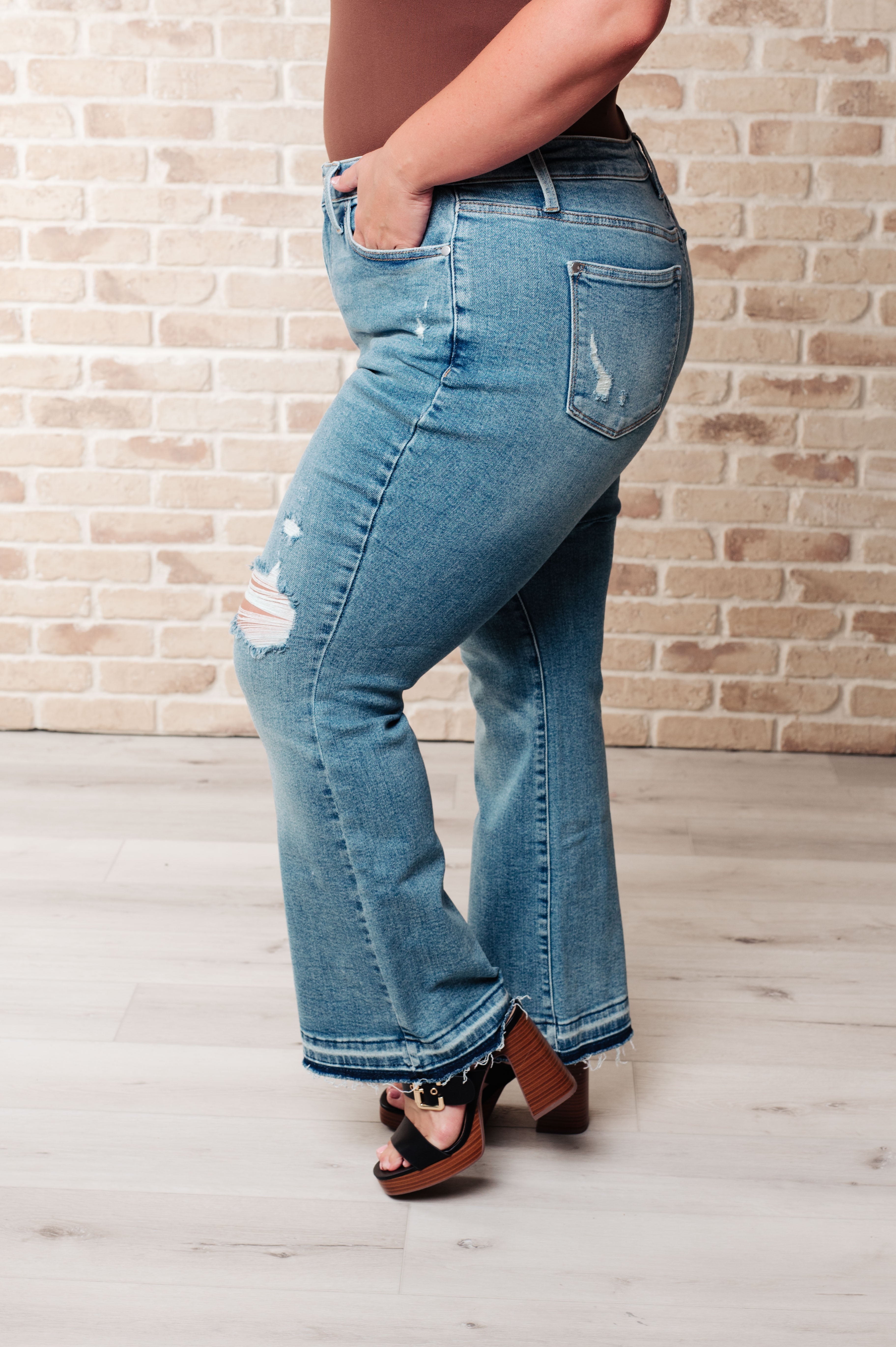 Roll With It Mid Rise Distressed Released Hem Judy Blue Bootcut Jeans