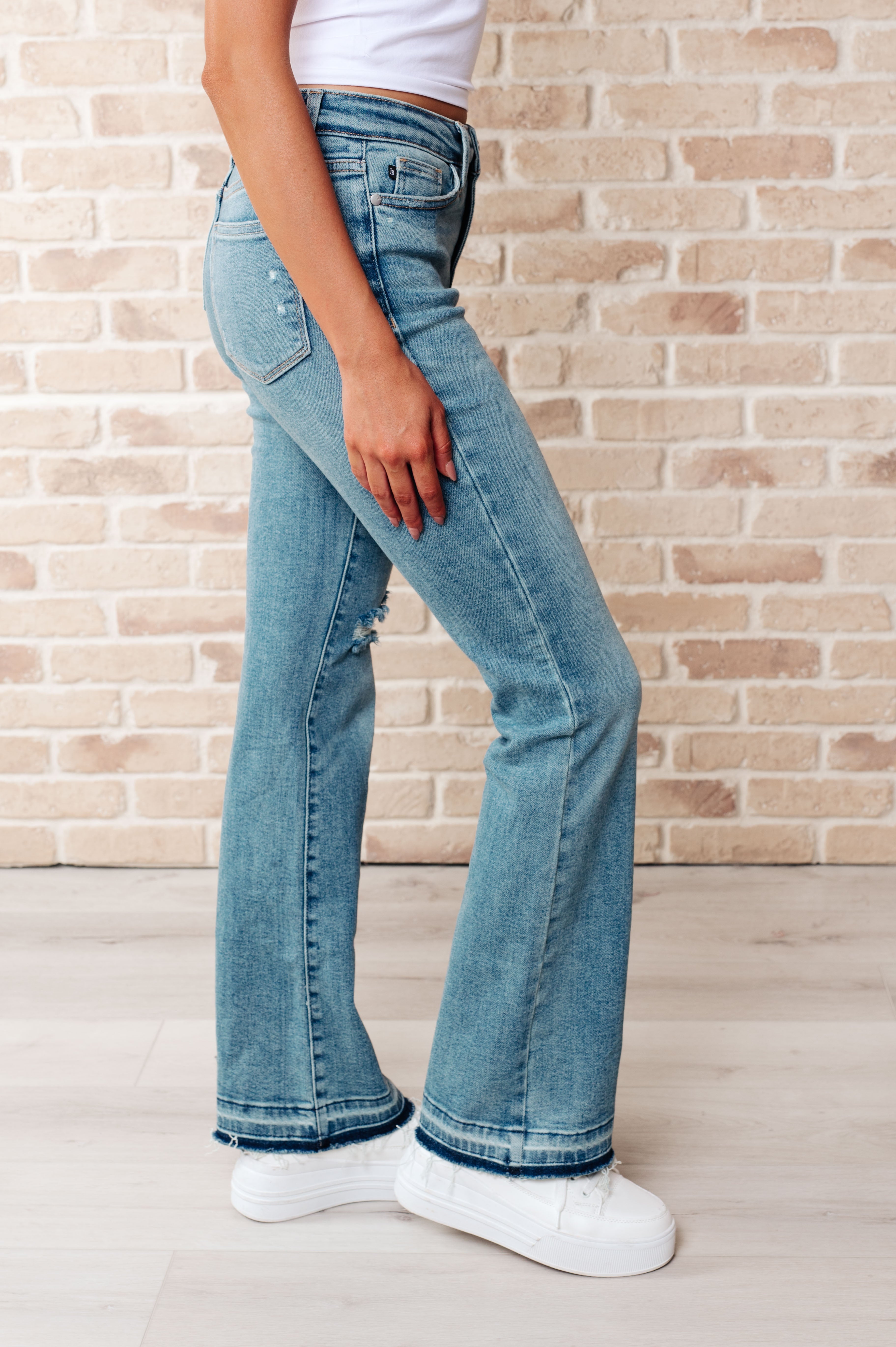 Roll With It Mid Rise Distressed Released Hem Judy Blue Bootcut Jeans