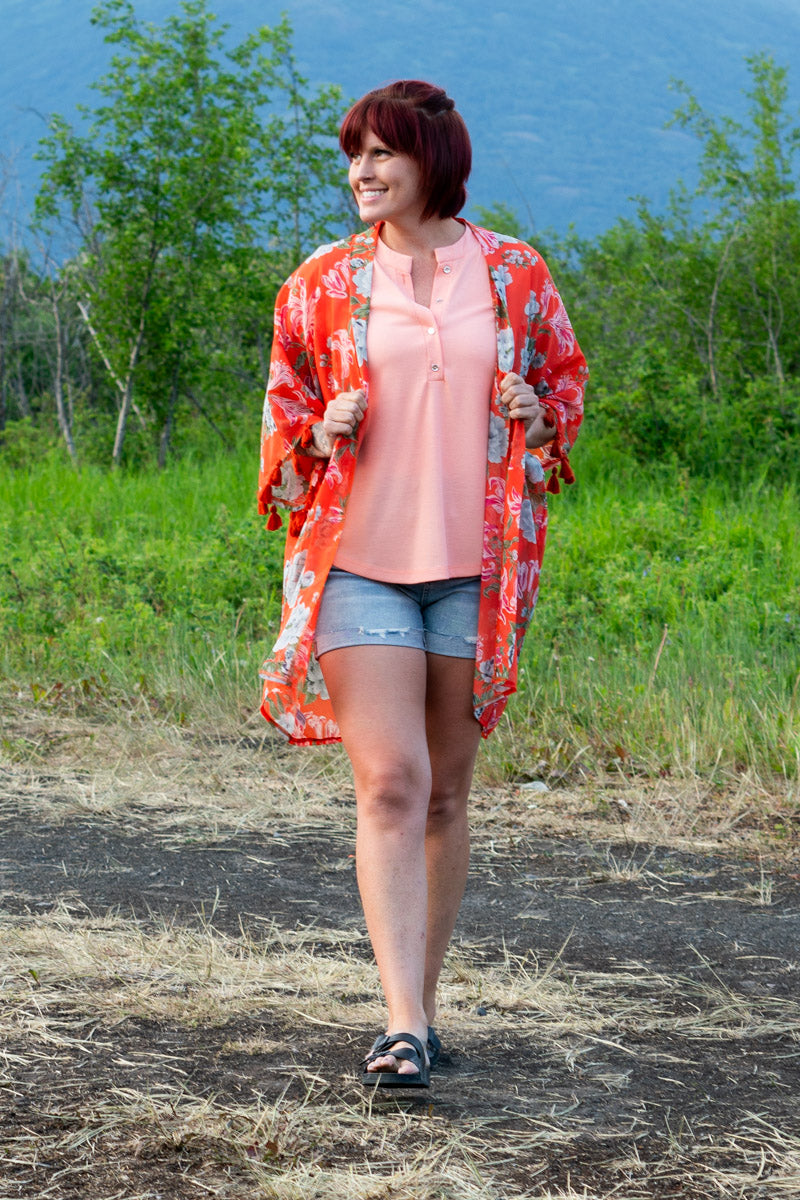 Make A Statement Tassel Sleeve Kimono In Orange Florals