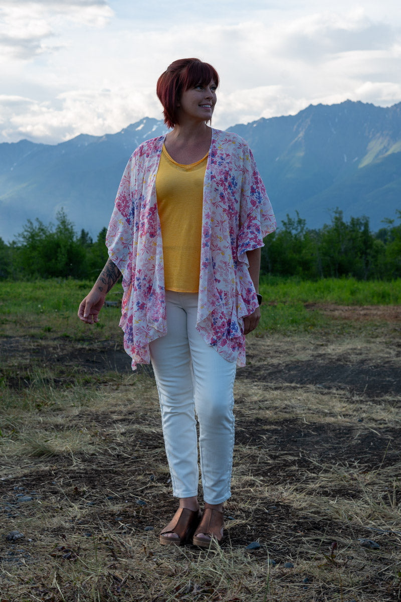 All In This Summer Floral Ruffle Sleeve Kimono In Pink Floral