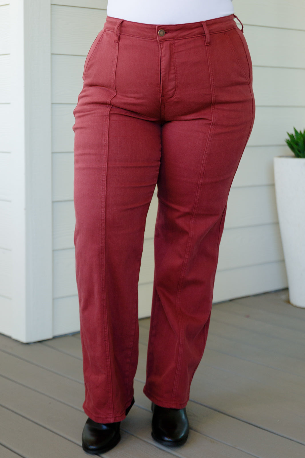 Til' We Meet Again High Rise Front Seam Straight Jeans in Burgundy