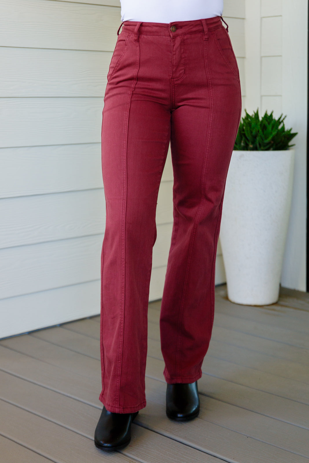 Til&#39; We Meet Again High Rise Front Seam Straight Jeans in Burgundy