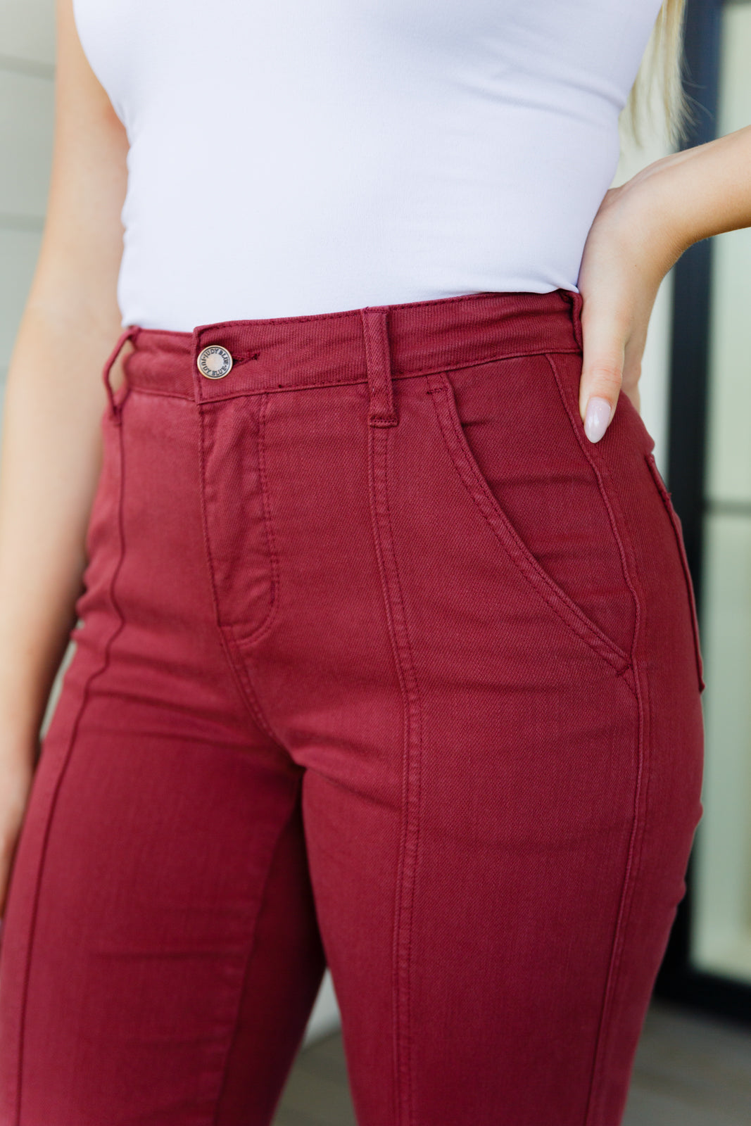 Til' We Meet Again High Rise Front Seam Straight Jeans in Burgundy